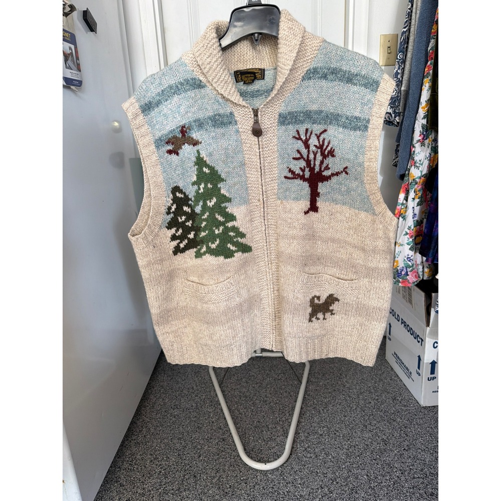 Vintage 1993 Eddie Bauer Wool Winter Scene Zip Up Sweater Vest Large Cabin Skier
